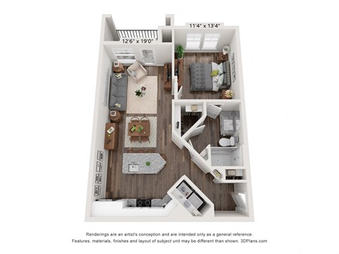 Floor plan for 1 bed, 1 bath, 729 sqft